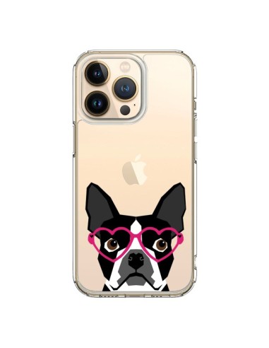 Coque iPhone 13 Pro Boston Terrier Lunettes Coeurs Chien Transparente - Pet Friendly