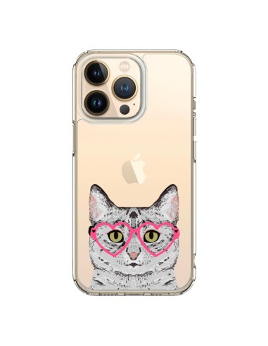 Coque iPhone 13 Pro Chat Gris Lunettes Coeurs Transparente - Pet Friendly