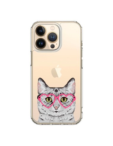 Cover iPhone 13 Pro Gatto Grigio Occhiali Cuori Trasparente - Pet Friendly