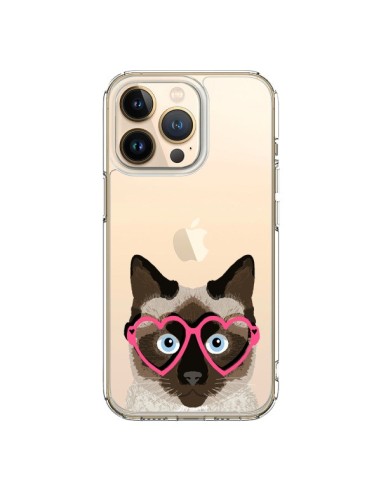 Coque iPhone 13 Pro Chat Marron Lunettes Coeurs Transparente - Pet Friendly