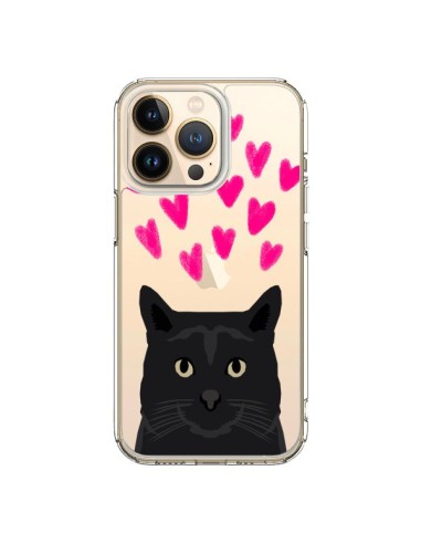 Coque iPhone 13 Pro Chat Noir Coeurs Transparente - Pet Friendly