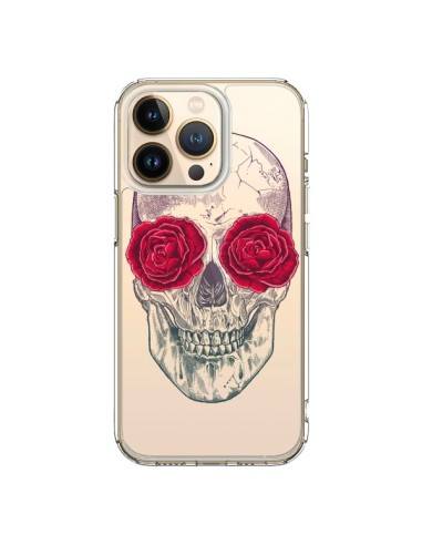 Coque iPhone 13 Pro Tête de Mort Rose Fleurs Transparente - Rachel Caldwell