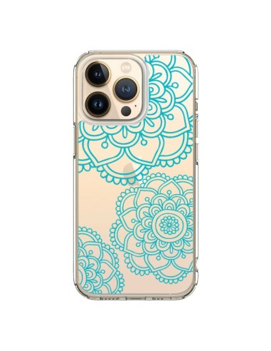 Coque iPhone 13 Pro Mandala Bleu Aqua Doodle Flower Transparente - Sylvia Cook