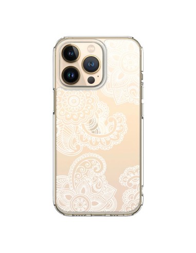 Coque iPhone 13 Pro Lacey Paisley Mandala Blanc Fleur Transparente - Sylvia Cook