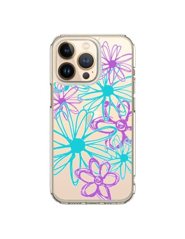 Cover iPhone 13 Pro Fiori Viola e Turchesi Trasparente - Sylvia Cook