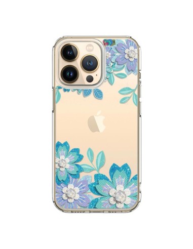 Coque iPhone 13 Pro Winter Flower Bleu, Fleurs d'Hiver Transparente - Sylvia Cook
