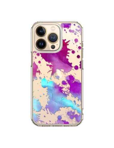 Coque iPhone 13 Pro Watercolor Splash Taches Bleu Violet Transparente - Sylvia Cook