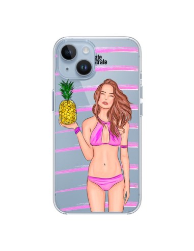 Cover iPhone 14 Malibu Ananas Spiaggia Estate Rosa Trasparente - kateillustrate