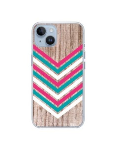 Coque iPhone 14 Tribal Aztèque Bois Wood Flèche Rose Bleu...