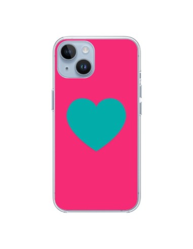 Coque iPhone 14 Coeur Bleu Fond Rose - Laetitia