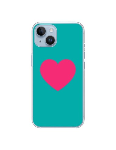 Coque iPhone 14 Coeur Rose Fond Bleu - Laetitia