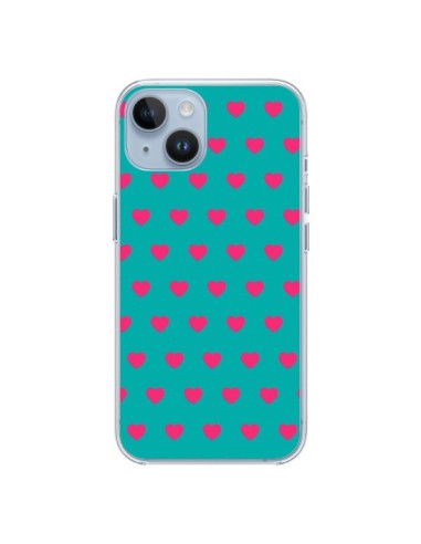 Coque iPhone 14 Coeurs Roses Fond Bleu - Laetitia