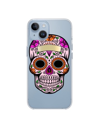 Coque iPhone 14 Tête de Mort Mexicaine Noir Rose Transparente - Laetitia