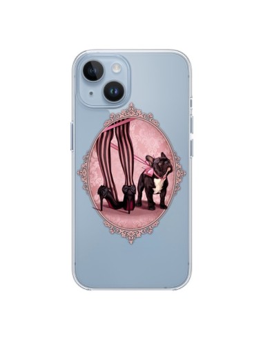 Coque iPhone 14 Lady Jambes Chien Bulldog Dog Rose Pois Noir Transparente - Maryline Cazenave