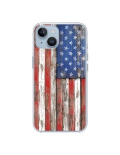Coque iPhone 14 Drapeau USA Vintage Bois Wood -...