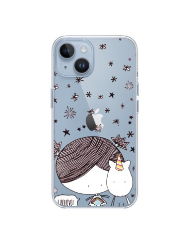 Coque iPhone 14 Petite Fille et Licorne I Believe Transparente - Nico