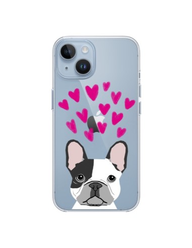 Coque iPhone 14 Bulldog Français Coeurs Chien Transparente - Pet Friendly