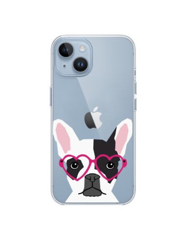 Coque iPhone 14 Bulldog Français Lunettes Coeurs Chien Transparente - Pet Friendly