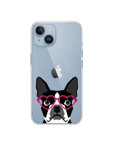 Coque iPhone 14 Boston Terrier Lunettes Coeurs Chien Transparente - Pet Friendly