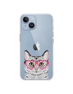 Cover iPhone 14 Gatto Grigio Occhiali Cuori Trasparente -...