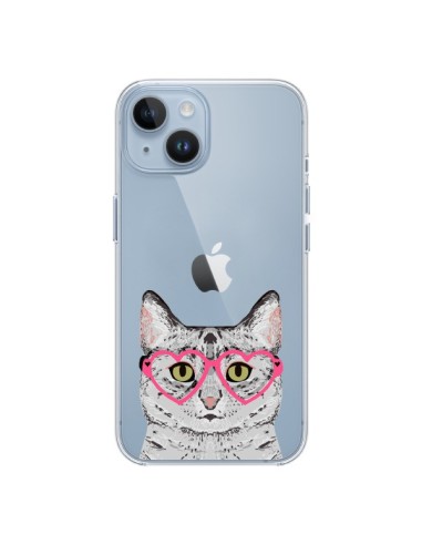 Coque iPhone 14 Chat Gris Lunettes Coeurs Transparente - Pet Friendly