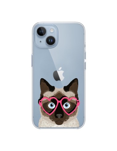 Coque iPhone 14 Chat Marron Lunettes Coeurs Transparente - Pet Friendly