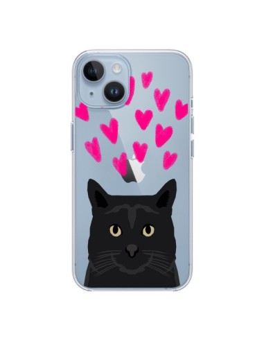 Coque iPhone 14 Chat Noir Coeurs Transparente - Pet Friendly