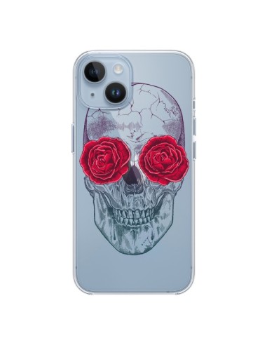 Coque iPhone 14 Tête de Mort Rose Fleurs Transparente - Rachel Caldwell