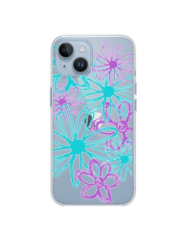 Coque iPhone 14 Turquoise and Purple Flowers Fleurs Violettes Transparente - Sylvia Cook