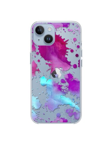 Coque iPhone 14 Watercolor Splash Taches Bleu Violet Transparente - Sylvia Cook