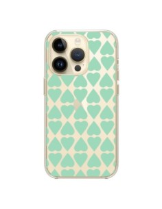 Coque iPhone 14 Pro Coeurs Heart Mint Bleu Vert...