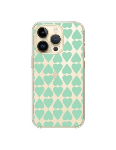 Coque iPhone 14 Pro Coeurs Heart Mint Bleu Vert Transparente - Project M