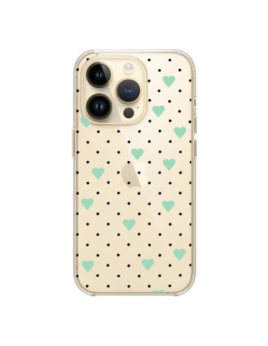 Cover iPhone 14 Pro Punti Cuori Verde Menta Trasparente - Project M