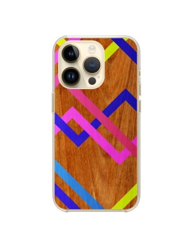Coque iPhone 14 Pro Pink Yellow Wooden Bois Azteque Aztec Tribal - Jenny Mhairi