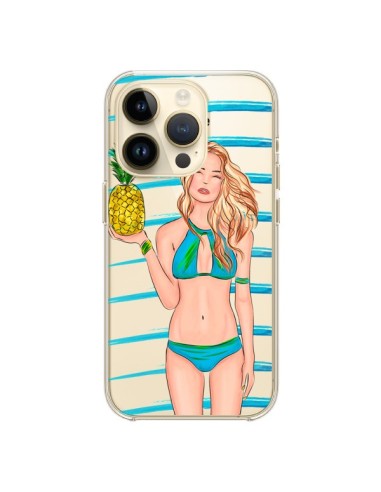 Coque iPhone 14 Pro Malibu Ananas Plage Ete Bleu Transparente - kateillustrate