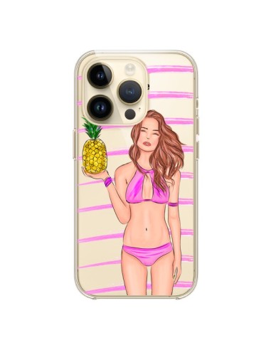 Coque iPhone 14 Pro Malibu Ananas Plage Ete Rose Transparente - kateillustrate