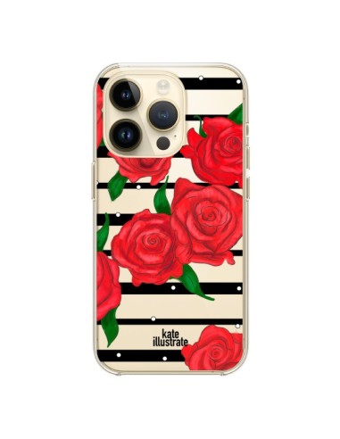Coque iPhone 14 Pro Red Roses Rouge Fleurs Flowers Transparente - kateillustrate