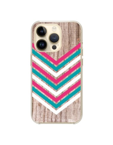 Cover iPhone 14 Pro Tribale Azteco Legno Wood Freccia Rosa Blu - Laetitia