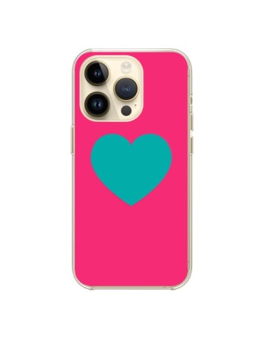 Coque iPhone 14 Pro Coeur Bleu Fond Rose - Laetitia