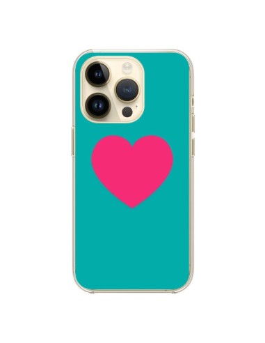 Coque iPhone 14 Pro Coeur Rose Fond Bleu - Laetitia