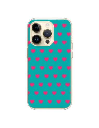 Coque iPhone 14 Pro Coeurs Roses Fond Bleu - Laetitia