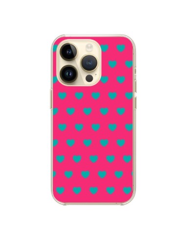 Coque iPhone 14 Pro Coeurs Bleus Fond Rose - Laetitia