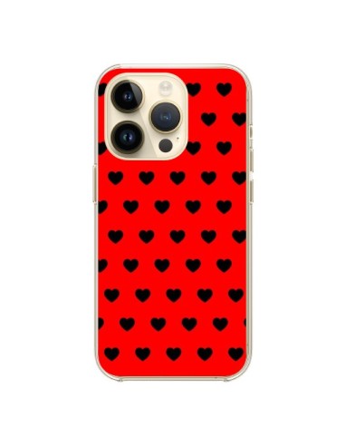 Coque iPhone 14 Pro Coeurs Noirs Fond Rouge - Laetitia