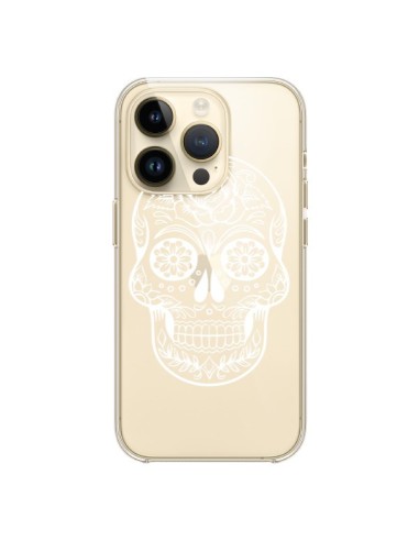 Coque iPhone 14 Pro Tête de Mort Mexicaine Blanche Transparente - Laetitia