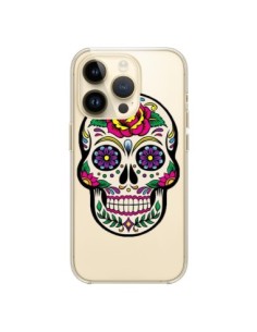 Coque iPhone 14 Pro Tête de Mort Mexicaine Fleurs...