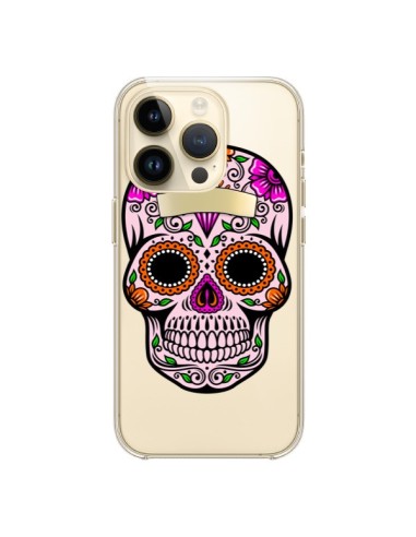 Coque iPhone 14 Pro Tête de Mort Mexicaine Noir Rose Transparente - Laetitia