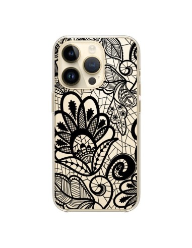Coque iPhone 14 Pro Lace Fleur Flower Noir Transparente - Petit Griffin
