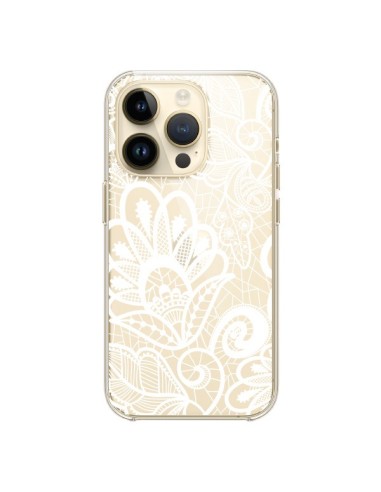 Cover iPhone 14 Pro Pizzo Fiori Flower Bianco Trasparente - Petit Griffin