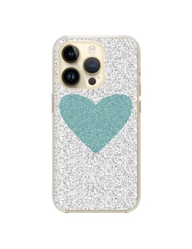 Coque iPhone 14 Pro Coeur Bleu Vert Argent Love - Mary Nesrala