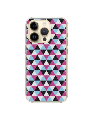 Coque iPhone 14 Pro Azteque Triangles Rose Bleu Gris - Mary Nesrala